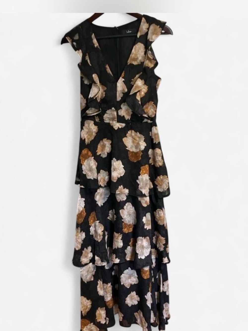 Lulus Black Beige Floral Burnout Maxi Dress Small Tiered Ruffle Formal Wedding